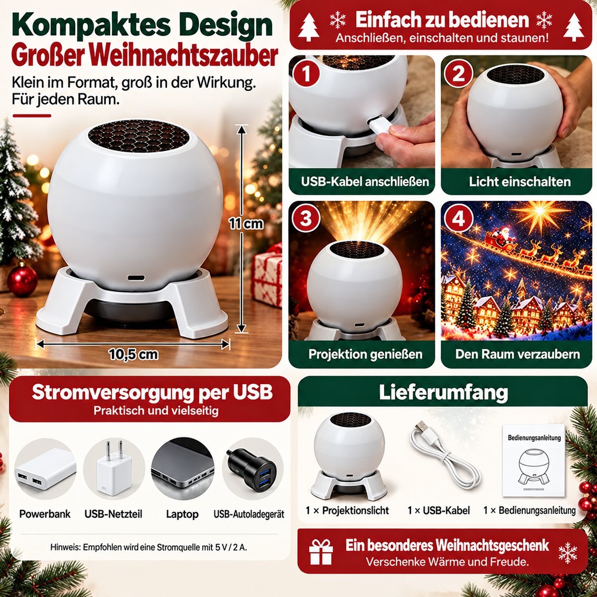 🎅 Verwandle jeden Raum in ein Weihnachtswunderland – Weihnachtliches Projektions-Nachtlicht